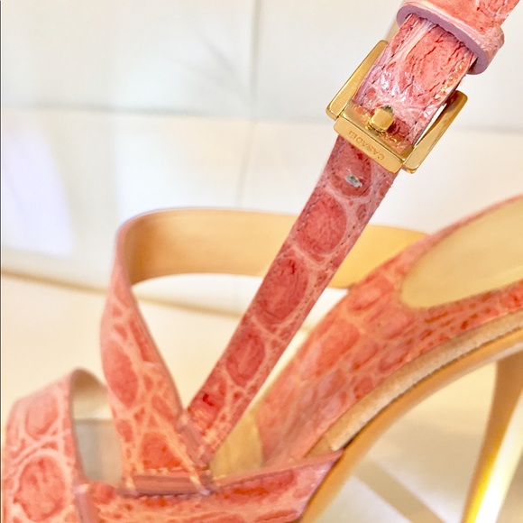 Exotic Leather Coral Pink Strappy Casadei Heels - Picture 3 of 8